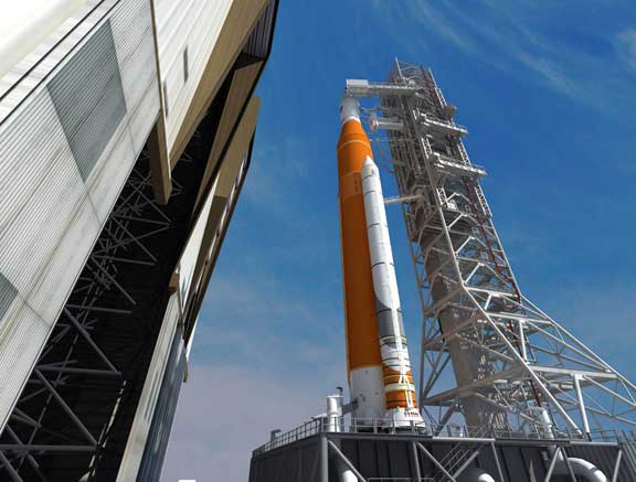 An image of NASA's SLS rocket that will launch the Orion spacecraft.