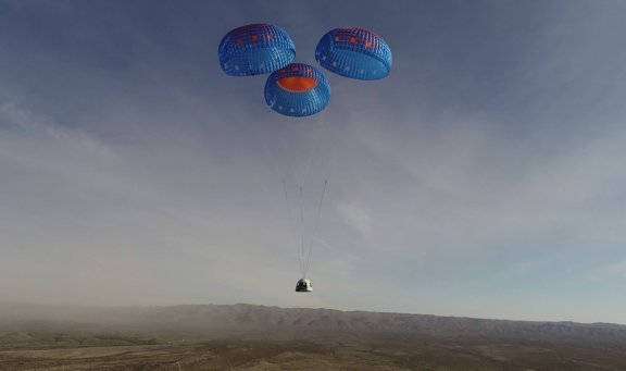 The New Shepard crew capsule landing at Launch Site One