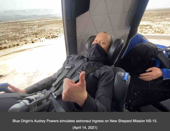 Blue Origin's Audrey Powers simulates astronaut ingress on New Shepard Mission NS-15.