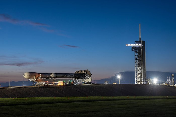 SpaceX Falcon Heavy rolling out to Launch Pad 39A at Kennedy Space Center.