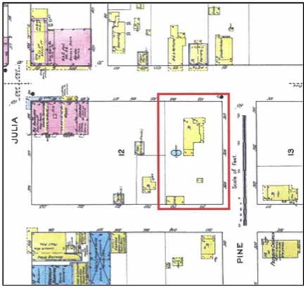 1908 Sanborn map locating the Pritchard House in Titusville, FL.